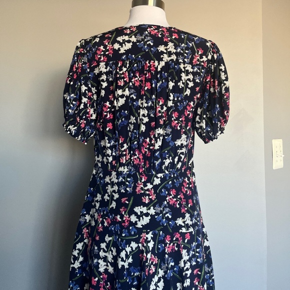 Lewit Dress 100% Silk Floral Garden A Line Navy Flounce Keyhole Cocktail Dress 6 - Picture 10 of 15
